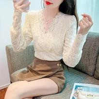 2023 m. rudens ilgomis rankovėmis nerti nėriniuoti marškinėliai V formos iškirpte nėriniuoti apatiniai marškinėliai moterims pavasariški moteriški ploni Blusas Mujer Elegant 29904 S oriono spalva