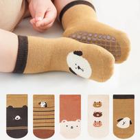5 poros kūdikių mažylių ilgos kojinės neslystančios batutų kojinės iki blauzdos animacinių gyvūnėlių grindų kojinės mielos šiltos L beige