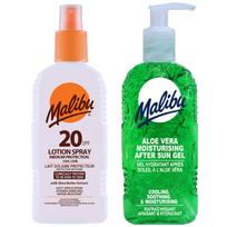 Malibu SPF20 vandeniui atsparus purškalas 200ml + alavijų gelis po įdegio 200ml