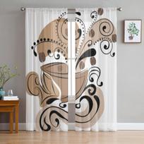 Puodelis Kavos Abstrakcija Tiulio Užuolaidos Svetainei Miegamajam Kalėdoms Šifonas Skaidrus Voalas Virtuvės Užuolaida 135W x 114H(cm) white