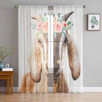 Watercolor Goat Flower Tulle Sheer Curtains For Living Room Bedroom Kitchen For Windows Voile Drapes Home Decoration 135W x 114H(cm)