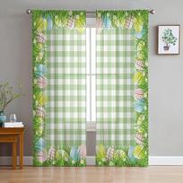 Easter Eggs Green Plaid Daisies Tulle Curtains for Living Room Bedroom Voile Sheer Curtain Window Home Decor Drapes 135W x 114H(cm)