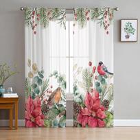 Christmas Eucalyptus Berries Robin Window Tulle Curtains For Living Room Kitchen Christmas Home Decor Sheer Voile Curtains 135W x 114H(cm) white