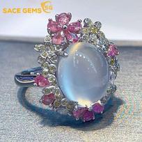 SACEGEMS Resizable10*12MM Natural Moon Stone Rings for Women 925 Sterling Silver Wedding Party Fine Jewelry Festival Gift Open balta
