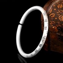 Zuyin 999 Round Stick Full of Blessings Carved Bracelet with Opening Vintage Chinese Style Pure Silver Bracelet, Simple and Fashionable Gift Adjustable size