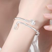 Zuyin 999.9 Ping An Bamboo Lotus Bracelet, Youth Style High Rising Silver Bracelet, Solid Silver Ornament Adjustable size