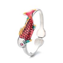 Retro Scenery Thai Blue Koi Ring Women 'S Ethnic Style Fashion Simple Glip Craft Open Can Adjust The Ring