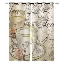 Tile Texture Flower Clock Coffee Cup Window Curtain Home Decor Curtains for Living Room Bedroom Kitchen Curtain Panel 135W x 60H(cm)