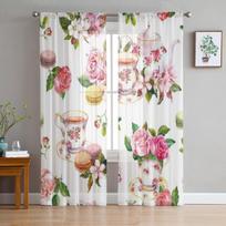 Watercolor Macaroons Rose Blossom Cherry Cakes Teacup Sheer Curtains Living Room Tulle Window Curtain Bedroom Kitchen Drapes 135W x 114H(cm) white