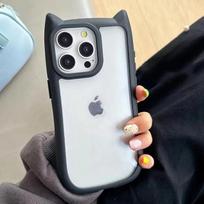 Minkštas silikoninis mielas kačių ausinių telefono dėklas, skirtas iPhone 11 12 13 14 15 Pro Max skaidrus smūgiams atsparus kietas akrilinis buferio galinis dangtelis For iPhone 11 juoda