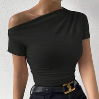 Spring and Summer Solid Colour Fashion Slim Drawstring Irregular Collar Short Sleeve T-Shirt Top XL juoda