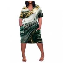 Women's Summer Plus Size V-Neck Short Sleeve Knee Pocket Printed Casual Dress XXXXL pilka spalva