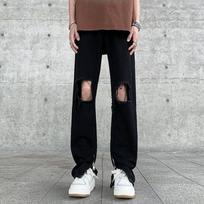 Perforated Jeans, Trendy and Loose, Straight Tube, Summer Thin Style, Summer Hong Kong Trendy Casual Wide Leg Pants, Men's Style M black