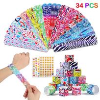 Twister.CK 34pcs Party Favors Set, 30pcs Slap Bracelets (15 Designs) and 4pcs Stickers, Game Prizes, 30pcs+4pcs