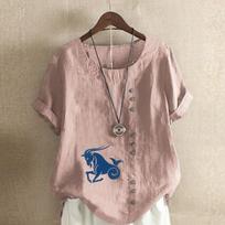 Women's Fashion Antelope Prined Round Neck Short Sleeve T-shirt Casual Cotton Linen Graphic Shirt Leisure Loose Summer Blouse Tops S