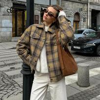 Autumn Winter New Plaid Wool Coat Women Senior Sense Retro Loose Wool Coat Casual Style Coat Women's Coat S gray