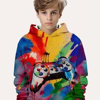 Boys' Vibrant Gamepad Hoodie - Long Sleeve, Soft Casual Wear for Spring & Fall - Trendy Gaming Style for Outdoor Fun 100