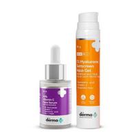 The Derma Co Švytėjimo ir apsaugos rinkinys - 10% vitamino C veido serumas (30 ml) + 1% Hialurono apsauginis nuo saulės vandens gelis (50 g)