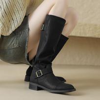Krazing Pot Genuine Leather Autumn Winter Shoes Med Heels Riding Boots Round Toe Keep Warm Slip on Metal Buckle Thigh High Boots 34 juoda