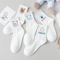 5 poros moteriškų vidutinio ilgio kojinių, mielos animacinio meškiuko trumpos kojinės, rudens-žiemos, patogios, kvėpuojančios, universalios mergaičių kulkšnies kojinės Single code white