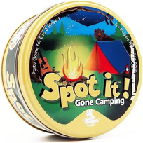 Nešiojamas „Spot It“ kortų žaidimas „Fun Gone Camping“ leidimas, 55 apvalios kortos, kelioninio dydžio šeimos vakarėlių žaidimas, stalo žaidimas, kortelių žaidimas, kelioninis žaidimas