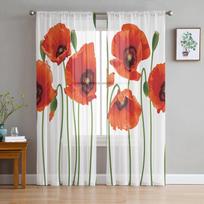 Plant Poppy Texture Flowers Sheer Curtains for Living Room Voile Tulle Curtain for Bedroom Kitchen Home Decor Panel 135W x 114H(cm) brown