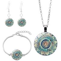 Papuošalų rinkinys Cabochon Mandala karoliai Moteriški pakabukai Auskarai Stiklinė apyrankė Dovana gray