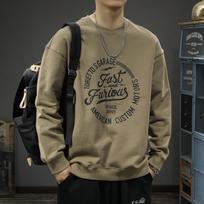 American High Street Trend Printing Crew Neck Sweater Men'S Loose Large Size Cotton Heavy Top Sports Jacket Tide M chaki