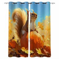 Autumn Season Squirrel Pumpkin Maple Leaf Blackout Curtains For Living Room Bedroom Printed Window Treatment Drapes Home Decor W135 x H60cm brown
