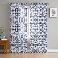 Classic Vintage Blue And White Ceramic Tile Sheer Curtains for Living Room Tulle for Windows Voile Yarn Short Bedroom Curtains W135 x H114cm
