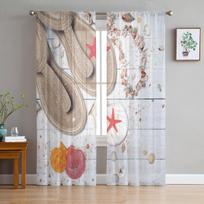 Summer Wood Grain Slippers Pebble Starfish Shell Beach Tulle Curtain Voile Transparent for Bedroom Living Room Sheer Curtains W135 x H114cm