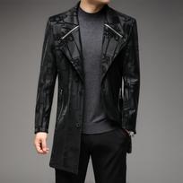 New Genuine Leather Men's Mid-length Windbreaker Leather Coat, Trendy and Handsome Suit Collar Jacket for Young and Middle-aged People 4XL black
