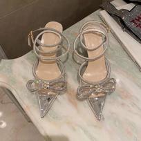 Fashion Women's Crystal bowknot Satin Pumps Fashion Glitter Rhinestones Shoes Genuine Leather High Heels Party Prom Sandals 2024 Summer 39 rožinė