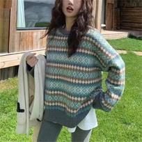 Women Oversize Sweater Round Neck Bule Pullover Sweater Top Retro Striped Jumper Women Loose Outer Female Tops Sweater Women S mėlyna