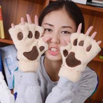 Trendy Unisex fluffy cat xmas bear Fingerless Mittens Gloves Paw gift Pair of gloves chic women smėlis