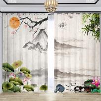 Chinese Classical Ink Painting Printed Curtain Semi-blackout Bedroom Living Room Floor-to-ceiling Window Kitchen Blinds 2pcs 100W130H(CM)40x51in&Grommet Top white
