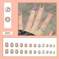 Short Square Diamond Nail Art Giant Diamond Butterfly Water Drop Diamond Wearing Nail Fake Nail Flash Champagne Nail Piece beige