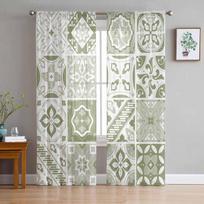 Ceramic Tiles Bohemian Floral Sage Green Sheer Curtains for Living Room Decoration Window Curtains Kitchen Tulle Voile Curtains W135 x H115cm x1