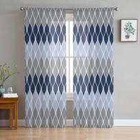 Geometric Blue Grey Mid Century Sheer Curtains for Living Room Decoration Window Curtains Kitchen Tulle Voile Organza Curtains W135 x H115cm x1