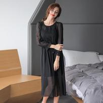 Women Summer Mulberry Silk Sling Nightgown Long-sleeved Black Midi Dress Sexy Lace Loose Nightdress Casual O Neck Long Dresses M black