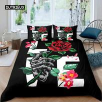 Gothic Sugar Skull Bone Bedding Set Skeleton Hand Comforter Cover Rose Leaves Romantic Flowers Duvet Cover Polyester Quilt Cover EU Single 135x200cm gray
