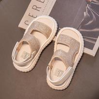 Girls Sandals Children Fashion Versatile Hook & Loop Soft 2024 New Summer Shine Rhinestones Cute Princess Chic Kids Shoes Flat 26 smėlis