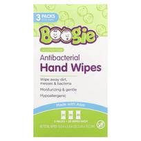 Boogie Wipes, Antibakterinės rankų servetėlės, Be alkoholio, 3 pakuotės, po 20 servetėlių kiekvienoje