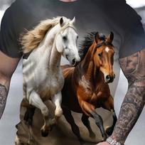 3D Majestic Horse Printing Round Neck Street Fashion T-Shirt Three-Dimensional Printing Horse Men's Creative Short-Sleeved Round S gray