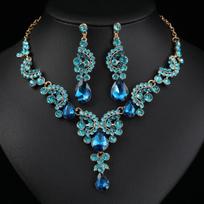 Women Waterdrop Rhinestone Pendant Necklace Stud Earrings Wedding Dress Bridal Jewelry Set ežero mėlyna spalva
