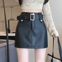 Vintage Pu Leather Skirt for Women Spring Autumn High Waist A- Line Package Hip Shorts Skirt Y2k Korean Fashion Clothing S