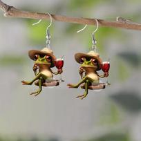 Frog and wine glass cartoon unique earrings
