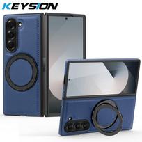 KEYSION PU Leather Case for MagSafe for Samsung Z Fold 6 5 4 3 5G 360°Rotating Magnetic Ring Stand Wireless Charging Phone Cover for Galaxy Z Fold 6 mėlyna