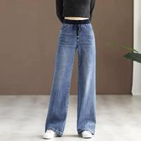 Women Elastic High Waist Straight Jeans Korean Baggy Oversize Wide Leg Denim Pants Spring Fall Causal Vintage Kot Pantolon 34