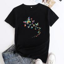 Summer Round Neck Butterfly Print Top Fashionable Casual Short Sleeved Women's Pure Cotton T-shirts S juoda